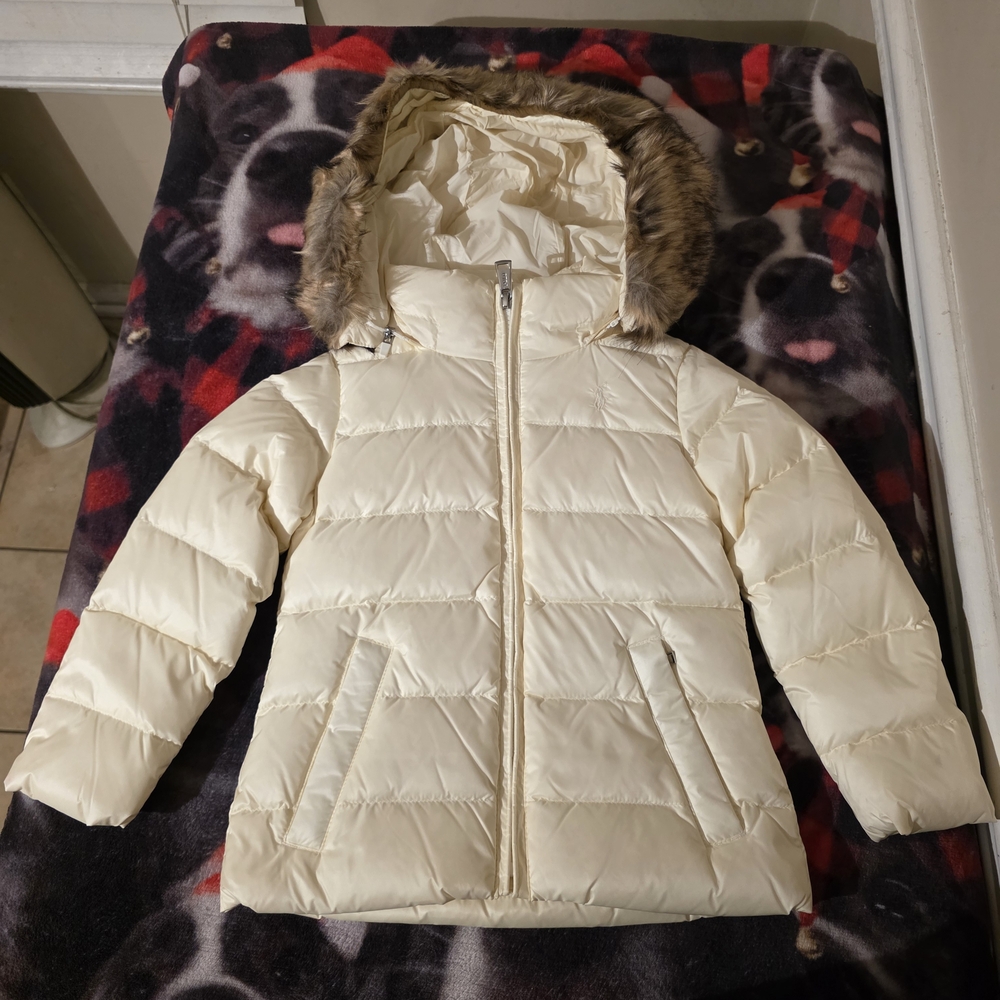 Polo by Ralph Lauren Off-White Puffer Jacket with Faux Fur Trim